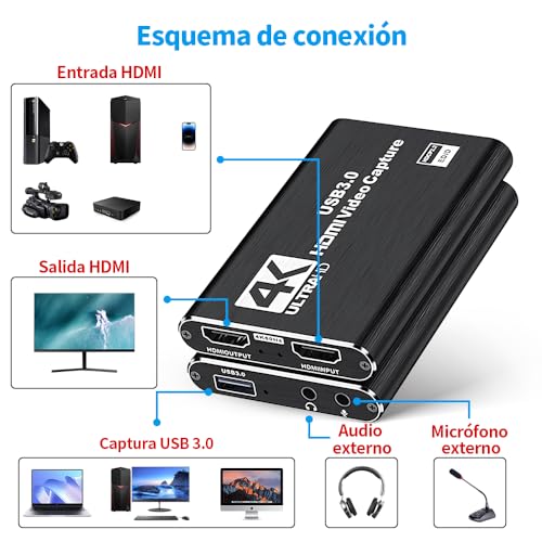 vantisan Capturadora de Video HDMI, 4K HDMI a USB3.0 Video Converter, 1080P@60Hz Video Tarjeta de Captura de Juego,con Entrada de Micrófono de 3.5mm, para Windows, Linux OS, Mac OS, OBS