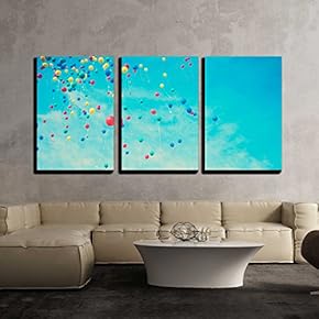 3 Piece Canvas Wall Art - Colorful Helium Balloons in Flight - Modern Home Art Stretched and Framed Ready to Hang - 16"x24"x3 Panels