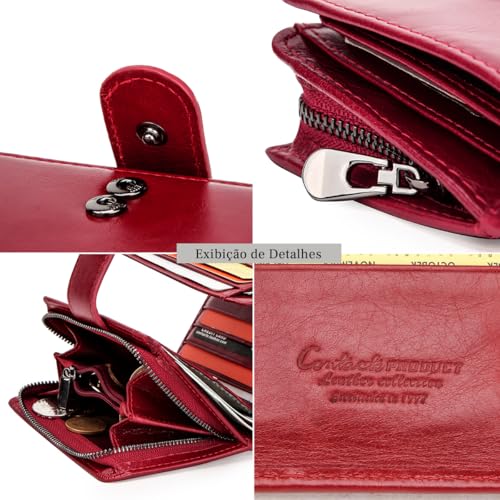 CONTACTS Carteira de Couro Legítimo Feminina com Porta-Cartões (11 Slots), Porta-Foto, Porta-Moedas, Compartimento para Cédulas e Recibos, Leve e Proteção RFID – Cor Vermelho