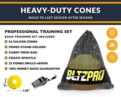 Bltzpro Training Cones(Set of 56)- Soccer/Football Cones for Training Kids with Stack Holder and Carrying Bag. Ideal for Speed Practice & Agility Workout, Exercises for All Athletics Needs.