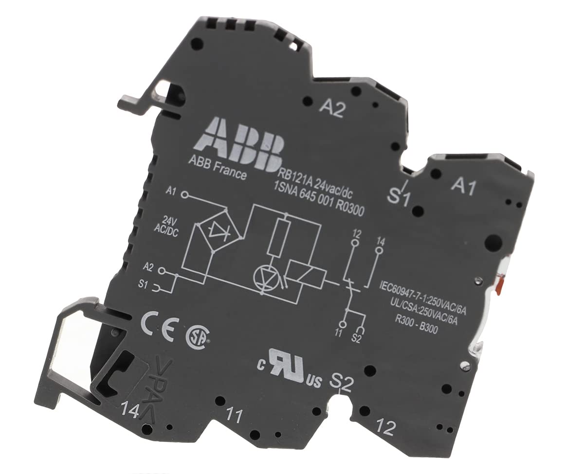 ABB RB121-24VUC Interface Relay R600 1c/o, A1-A2=24V AC/DC, 5-250V AC/60mA-6A (ABB1SNA645001R0300)