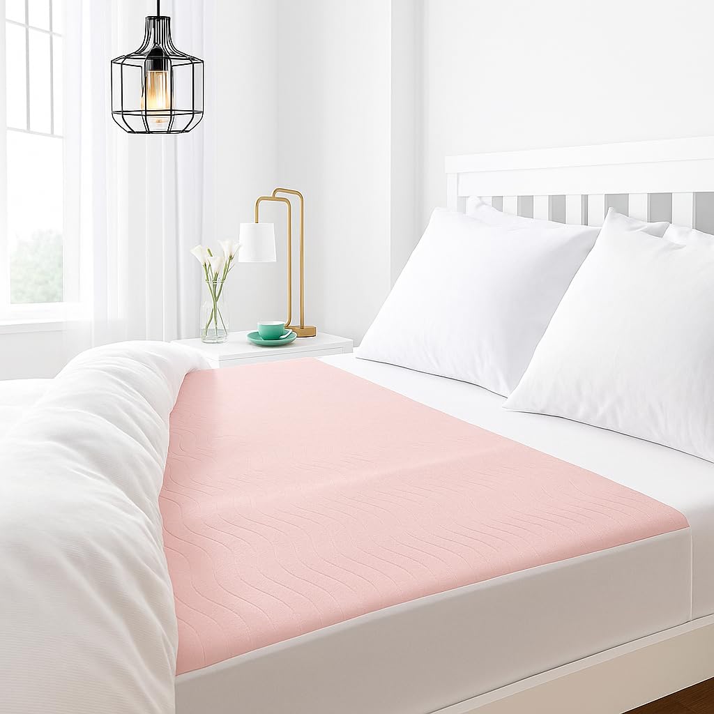 Deluxe Washable and Absorbent Reusable Incontinence Pad/100% Waterproof Mattress Protector, 85 x 150 cm, 33½" x 59", with 50 cm Tucks on each side to Secure It in Place. King-Size Bed, Pink.