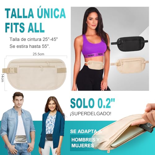 2 Piezas Cinturón de Viaje Antirrobo - Bolsa Oculta Ultradelgado para Pasaporte, Efectivo, Tarjetas - Cremallera Segura Invisible y Cinturón Regulable - Ligero para Viajar, Deporte cartera antirrobo