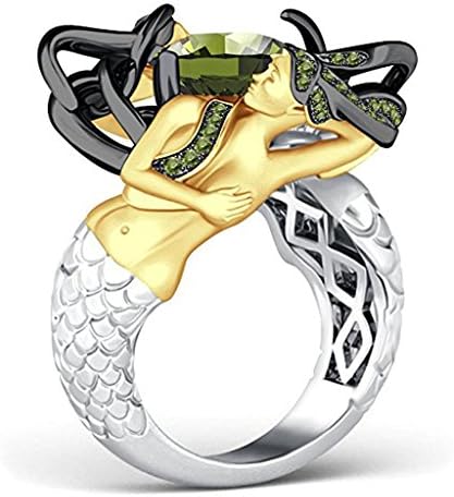 DreamJewels 4.00 CT. TW Cushion Cut Green Peridot 14K Twotone Gold Plated Sterling Silver Base Alloy CZ Mermaid Ring For Women's Jewelry