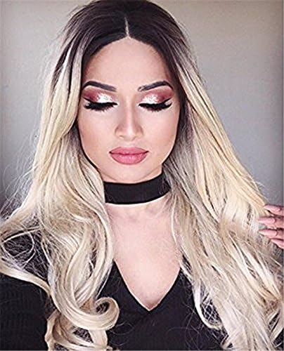 SCENTW Fashion Long Wavy Wigs Ombre Ash Blonde Synthetic Full Wigs For Women Middle Part None Lace Hair Wigs Hear Resistant + Free Wig Cap 28inch