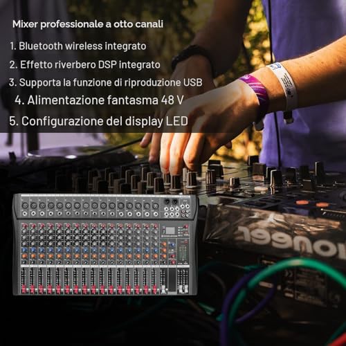 Depesheng DX16 DJ Audio Controller Interface with USB Drive Computer Recording 16 Channel Studio Audio Mixer - XLR Microphone Jack, 48V Power Supply, RCA Input/Output