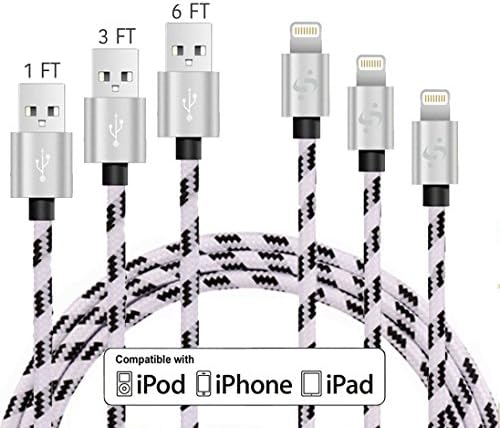 SyncTech Premium Nylon Braided Tangle-Free 1FT 3FT 6FT Lightning Cable Durable High-Speed Syncing/Charging for iPhone 7/6s/6/5/5s/SE/Plus iPad Mini/Air/Pro (1.) White - 1FT - 3FT - 6FT)