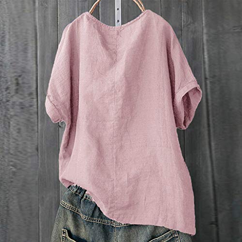 Women Casual Loose T-Shirts Cute Cat Printed Short Sleeve Tops Summer Baggy Cotton Linen Tee Blouse Pink