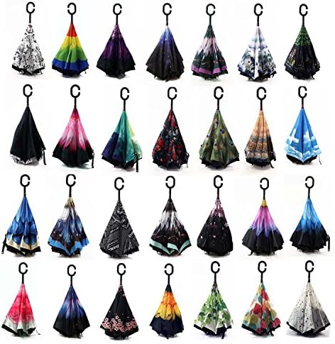 KUMAKA Mix Design Double Layer UV Protection Reverse Folding Windproof Polyester Umbrellas for Men and Women (Pack of 2; Multicolour)