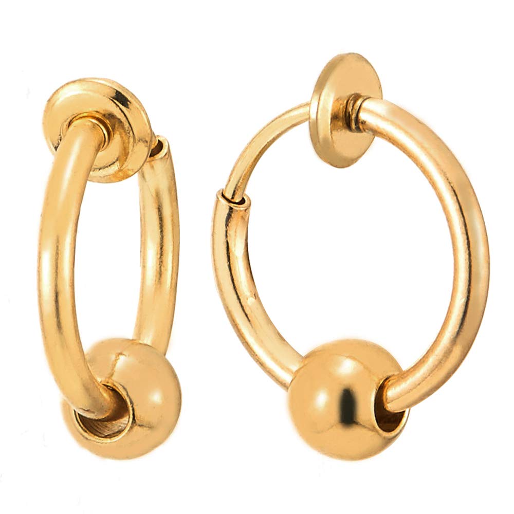 Steel Gold Color Circle Bead Huggie Hinged Hoop Non-Piercing Clip-on Earrings for Men Women, 2pcs