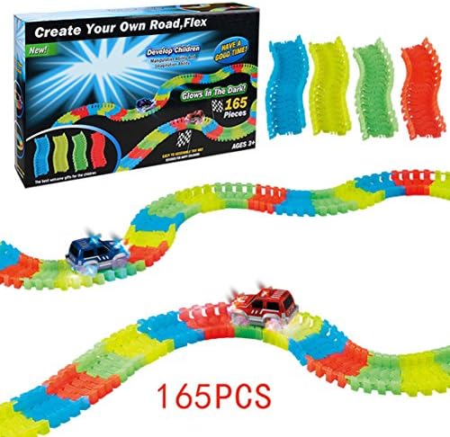 Race Rail Car Track Toy Set for Kids Birthday and Christmas Gift Age 3, 4, 5, Glow in the Dark Flexible Track with LED Battery Operated Car Included 165 Pieces
