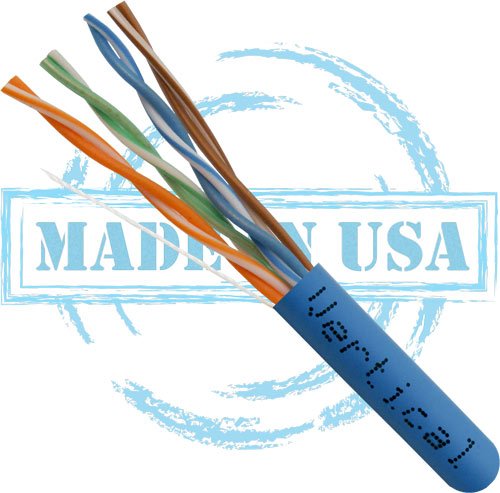 Vertical Cable CAT5E, 350 MHz, UTP, 24AWG, 8C Solid Bare Copper, Plenum, 1000ft, Blue, Bulk Ethernet Cable - Made in USA
