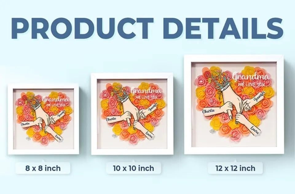 Personalised Flower Shadow Box for Mum & Grandma with Names – Family Love Blooms Forever Gift for Mother's Day, Birthday, Mom Gift, Mother's Day Gift,Gift for Mom
