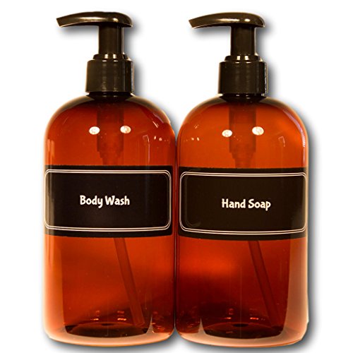 Bottiful Home-16 oz Refillable Durable Translucent Amber PET Plastic Body Wash & Hand Soap Pump Bottles-B&W Pre-Applied Fully Waterproof Labels-100% Rust-FREE, Clog-FREE, Drip-FREE