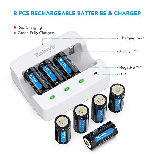 RCR123A Batteries Rechargeable and RCR123A Charger, Rainyb 8Pcs 3.7V 700mAh Li-ion Battery with 4 Slot Batteries Charger for Arlo VMC3030/3230/3330/3430/3530 Security Cameras