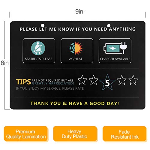 Uber & Lyft Rating Tips Accessories Rideshare Driver Signs-Large 9" x 6" Inch Premium Thick Laminated Durable Backseat Headrest Display Hanging Card (2 Pack)