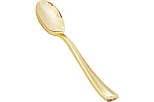 BESTVIP 50 Pack 6.9 Inch Gold Plastic Spoons, Heavy Duty Plastic Silverware, Heavyweight Gold Disposable Spoons, Disposable Serving Utensils for Catering, Parties, Dinners, Weddings, Christmas