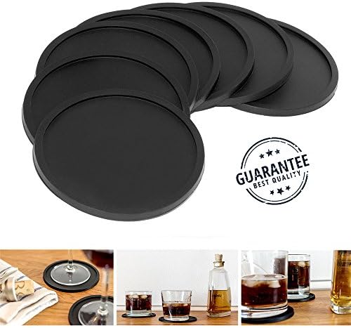 TOP QUALITY Set of 8 Silicone Drink Coasters, Good Grip, 4 Inches Diameter, Bonus: E-Book 100 Summer Cocktails (Black 8)