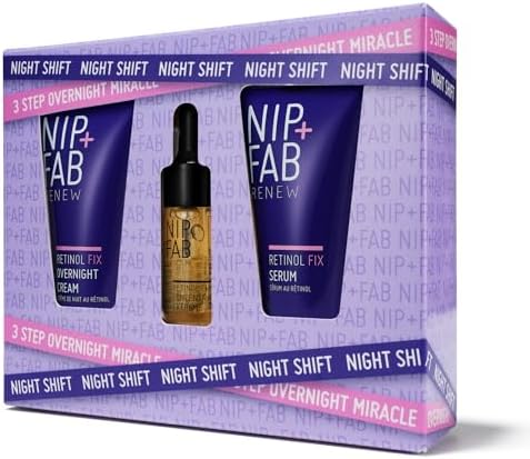NIP+FAB Night Shift Gift Set, Contains 3 Large Deluxe Sized Products, Retinol Fix Concentrate 10ml, Retinol Fix Serum 20ml, Retinol Fix Overnight Cream 20ml, Stocking Filler