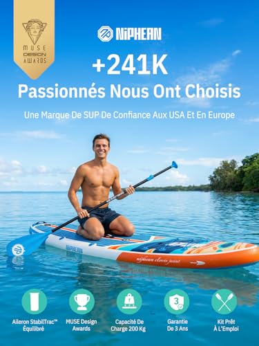 Niphean Paddle Gonflable Adulte avec Tous Les Accessoires, 320cm Planches de Stand Up Paddle Gonflables pour Tous Les Niveaux, Sup avec Capacité 200 kg pour 2 Personnes, Paddle Gonflable avec Siège