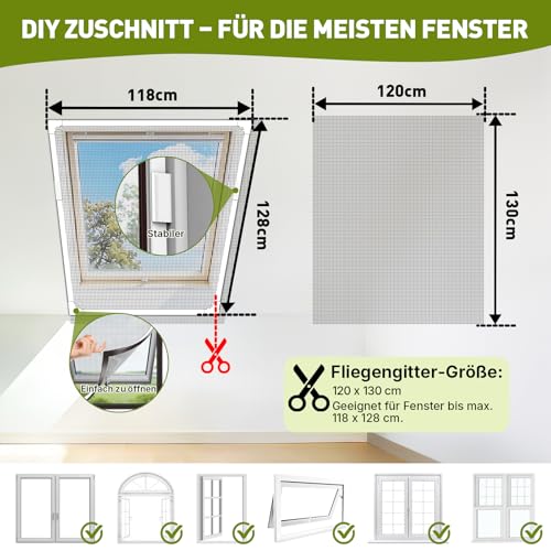 MLEJU Magnetic Fly Screen Window, Insect Protection, Magnetic Window, Can Be Cut to Size up to 120 x 130 cm, No Drilling, Easy Assembly, Magnetic Frame with Tear-Resistant Fibreglass Fabric, White Frame, Grey Net