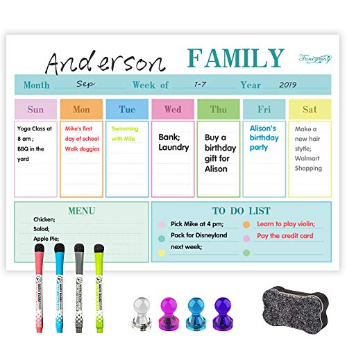 Magnetic Dry Erase Whiteboard Weekly Calendar for Refrigerator, 17"x12", Weekly Meal Planner and Fridge Dry Erase White Board, New Stain Resistant Technology, 4 Erase Markers and 4 Magnetic Push Pins