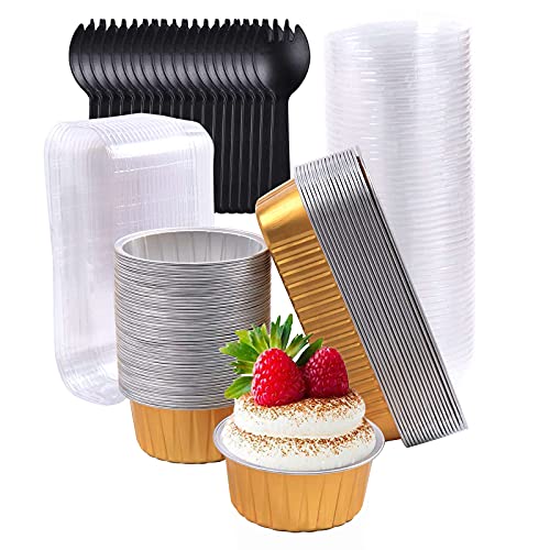 70Pcs Golden Disposable Baking Cupcake Pan, Aluminum Foil Ramekins Dessert Containers with Lids
