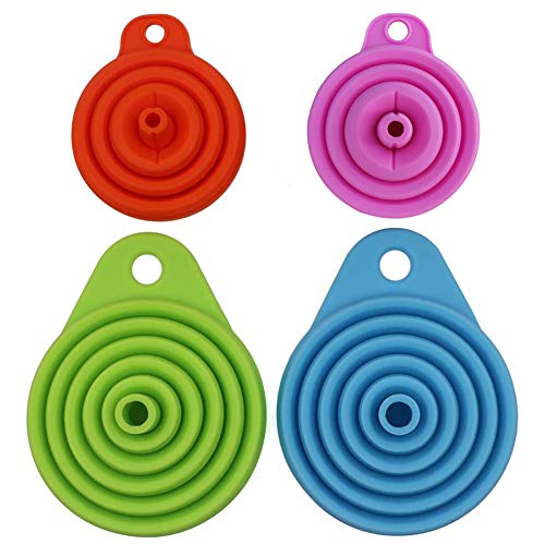Silicone Collapsible Funnel Set of 4, 2 Small and 2 Large, Foldable Kitchen Funnel for Water Bottle Liquid Powder Transfer, Food Grade BPA free, Dishwasher Safe