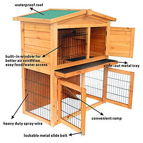Olymstore 40'' Wooden Rabbit Hutch Chicken Coop House with Tray Ladder, Triangle Roof Waterproof Wood Pet Cage for Small Animals - Thumbnail 2