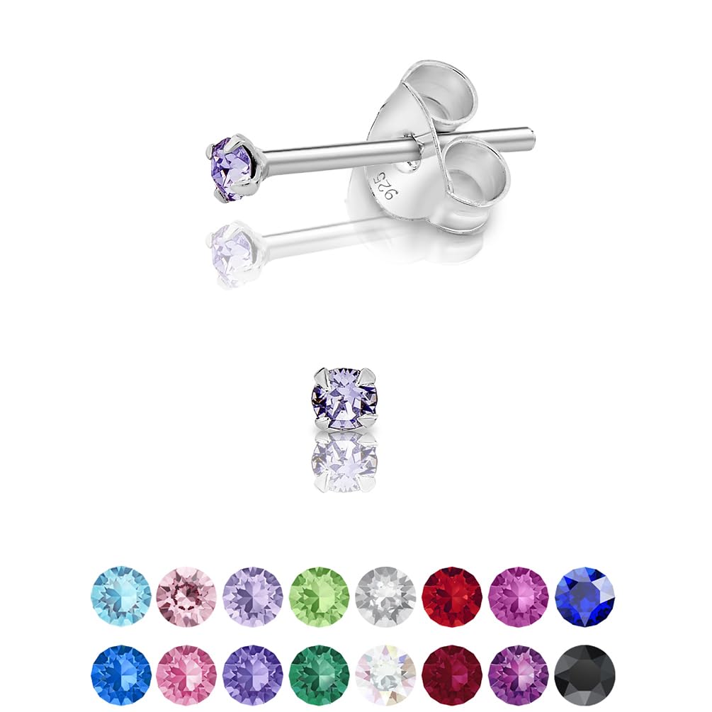 925 Sterling Silver Round Tiny Stud Earrings made with Glittering Crystals - Small Silver Studs Earrings for Woman - Diameter: 2 mm - Colour : Provence Lavender