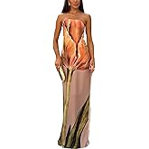 ACOSAP Women Y2k Strapless Maxi Dress Summer Backless Floral Long Tube Dress Off Shoulder Cocktail Party Dress