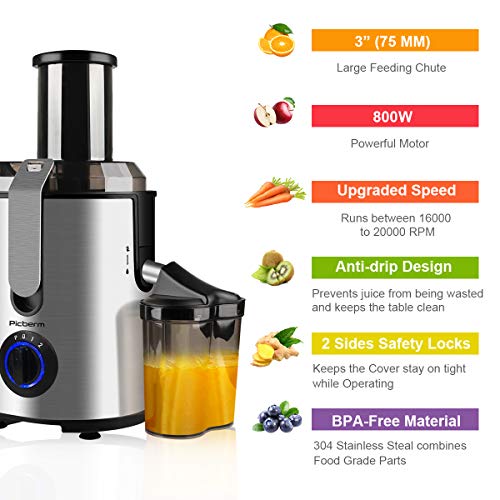 Juicer, Picberm Centrifugal Juicer Machines Easy to Clean, Wide Mouth Juice Extractor with Peeler, Brush & Recipes for Whole Fruits and Vegetables, Dual Speed Stainless Steel BPA-Free Juicers Dishwasher Safe, 800 W - Thumbnail 2