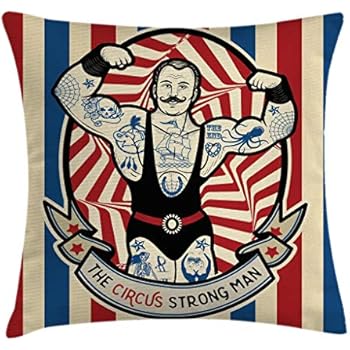 Ambesonne Circus Throw Pillow Cushion Cover, Nostalgic The Strong Man with Tattoos and Muscles Circus Star Fun Art Print, Decorative Square Accent Pillow Case, 18