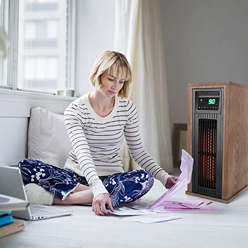LIFE SMART Electric Infrared Quartz Oscillating Tower Heater with Adjustable Thermostat and Timer, Wood Appearance Decorative Heater with Tip-Over and Overheat Protection 1500W/1000W