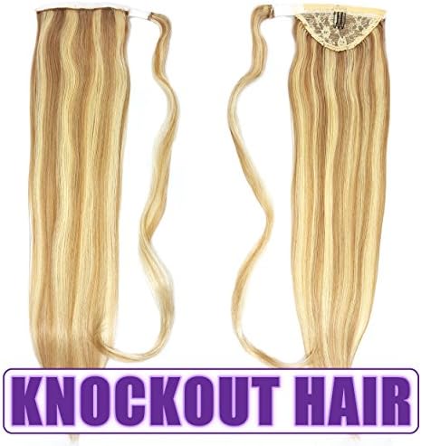 Human Hair Ponytail Extension Wrap 20” 100% Real Remy Premium Grade AAAAA 80 Grams Long Straight Human Hair Silky Soft by Knockout Hair (#07B/613 Dark Blonde/Light Blonde Mix)