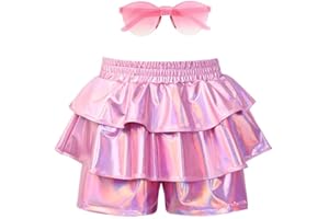MIRAWISE Girls Pleated Metallic Shorts Shiny Sparkle Ruffle Scooter Skater Dance Elastic Waist Rave Pants with Sunglasses for 6-13Y