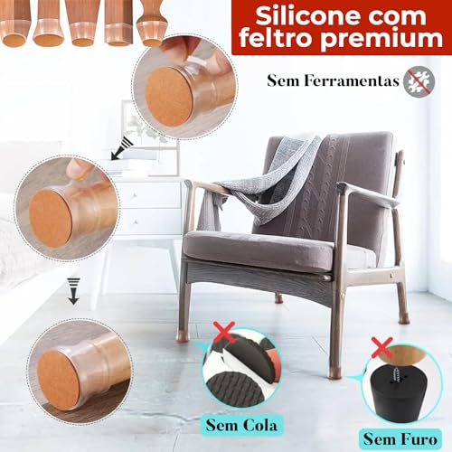 Kit 16 Protetor de Silicone Com Feltro Para Pés de Cadeira, Mesa, Banqueta - Protetores Para Móveis de até 4cm | Anti risco, Reduz Ruído, Lavável, Antiderrapante, Fácil de Instalar