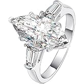 DCFSHEE Classic Platinum Plated Marquise Cut and Baguette CZ Cubic Zirconia Engagement Ring 3-Stone Wedding Promise Rings for Her (US Size 10)