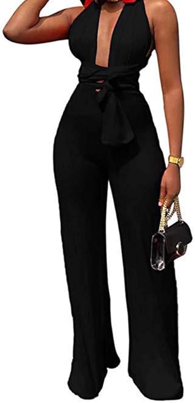 sexy deep v sleeveless halter jumpsuit