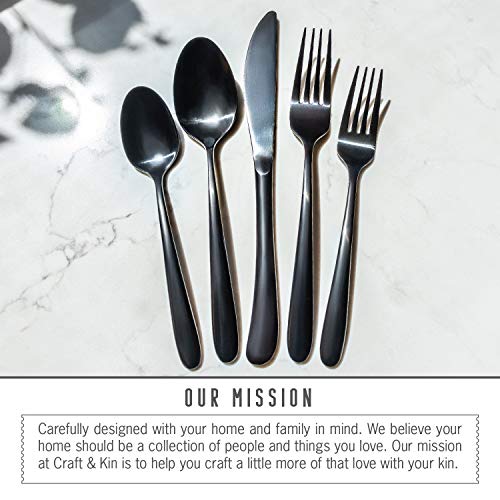 Craft & Kin Flatware Set, Hand-Forged Black Silverware Set, Classic Heirloom Luxury Black Flatware | Premium Quality Pure Stainless Steel Cutlery Set, Mirror Polished Dinnerware Set (20-pc, Set for 4)