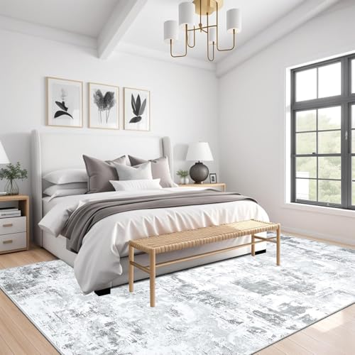 Heifgott Faux Wool Low Pile Rug Washable 160x230cm Stain Resistant Soft Living Room Bedroom Carpet Kitchen Laundry Non Slip Modern Abstract Carpet Soft Rug Classic Pattern Indoor Rug Easy Clean-Grey