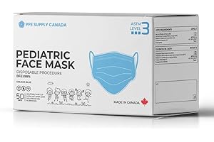 PPE SUPPLY CANADA Kids ASTM LVL 3 Face Masks - Made in Canada, BFE ≥98%, 3-Ply Disposable, Breathable, Latex-Free, 50-Pack