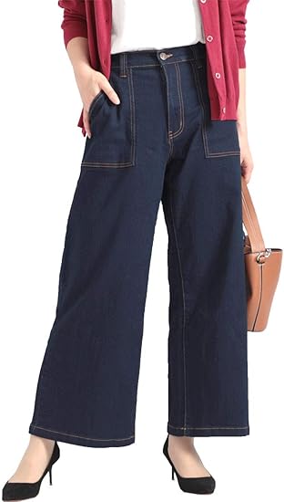 Amazon ゴールドジャパン 大きいサイズ レディース パンツ デニム ストレッチ ベイカーパンツ ワイド 微起毛 ポケット ジーンズ 通販