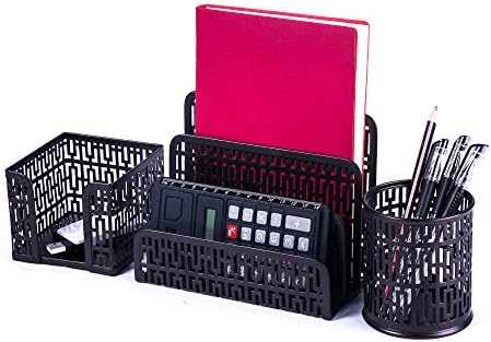 Crystallove Metal Mesh Office Desktop Supplies Organizer Set of 3pcs-Pencil Cup, Stick Note Holder and Letter Shelf (Bronze-Style 1)