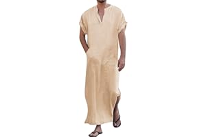 YAOHUOLE Men's Short Sleeve Kaftan Thobe Side Split Caftan with Pockets Long Gown Thobe