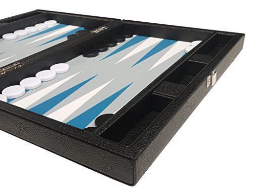 13-inch Premium Backgammon Set - Travel Size - Black Board, White and Astral Blue Points