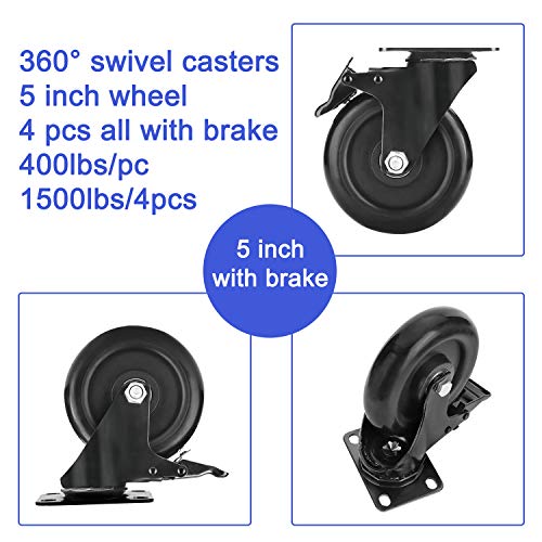 image for GloEra 5 Inch Swivel Caster Wheels Heavy Duty 1500 LBS Capacity with S
