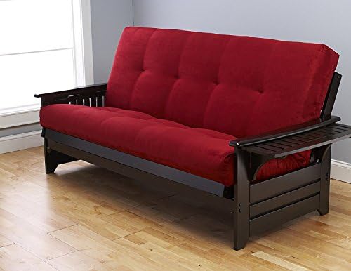 Queen Size Phoenix Espresso Frame w/ 7 Inch Mattress Microfiber Suede Futon Set Wood Sofa Beds (Red Mattress, Frame Only (Queen Size))