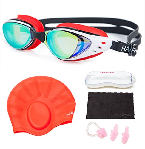 HAIREALM Swiming goggles,Optical Prescription Swimming Goggles(Myopia 0-8.0 Diopters),Corrective Nearsighted swim goggles+Swimming caps+Nose Clip+Ear Plugs (Red -2)