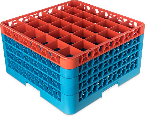 Carlisle RG36-4C412 OptiClean 36 Compartment Glass Rack with 4 Extenders, 10.3", Polypropylene, Orange/Carlisle Blue